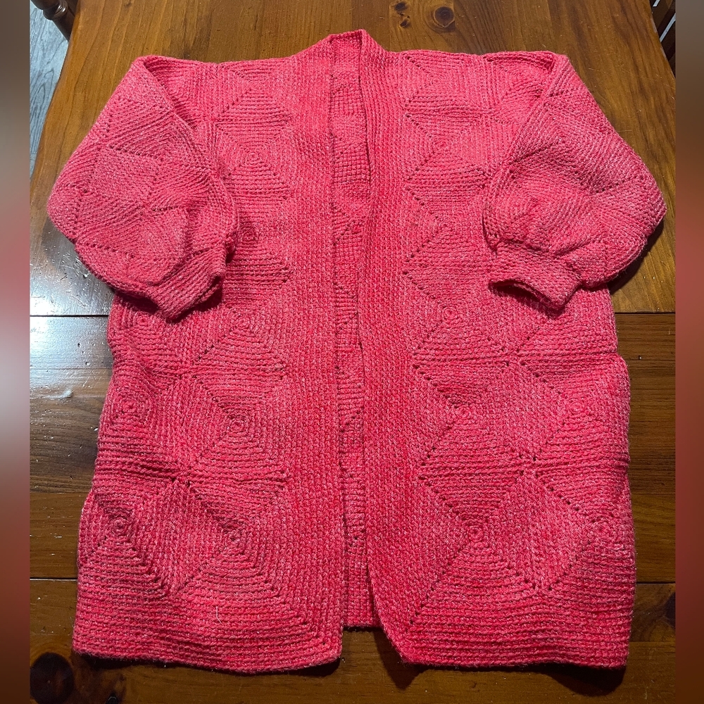 Womens Red Diamond Stitch Hand Crochet Knit‎ Cardigan Sweater Cozy Comfy Casual